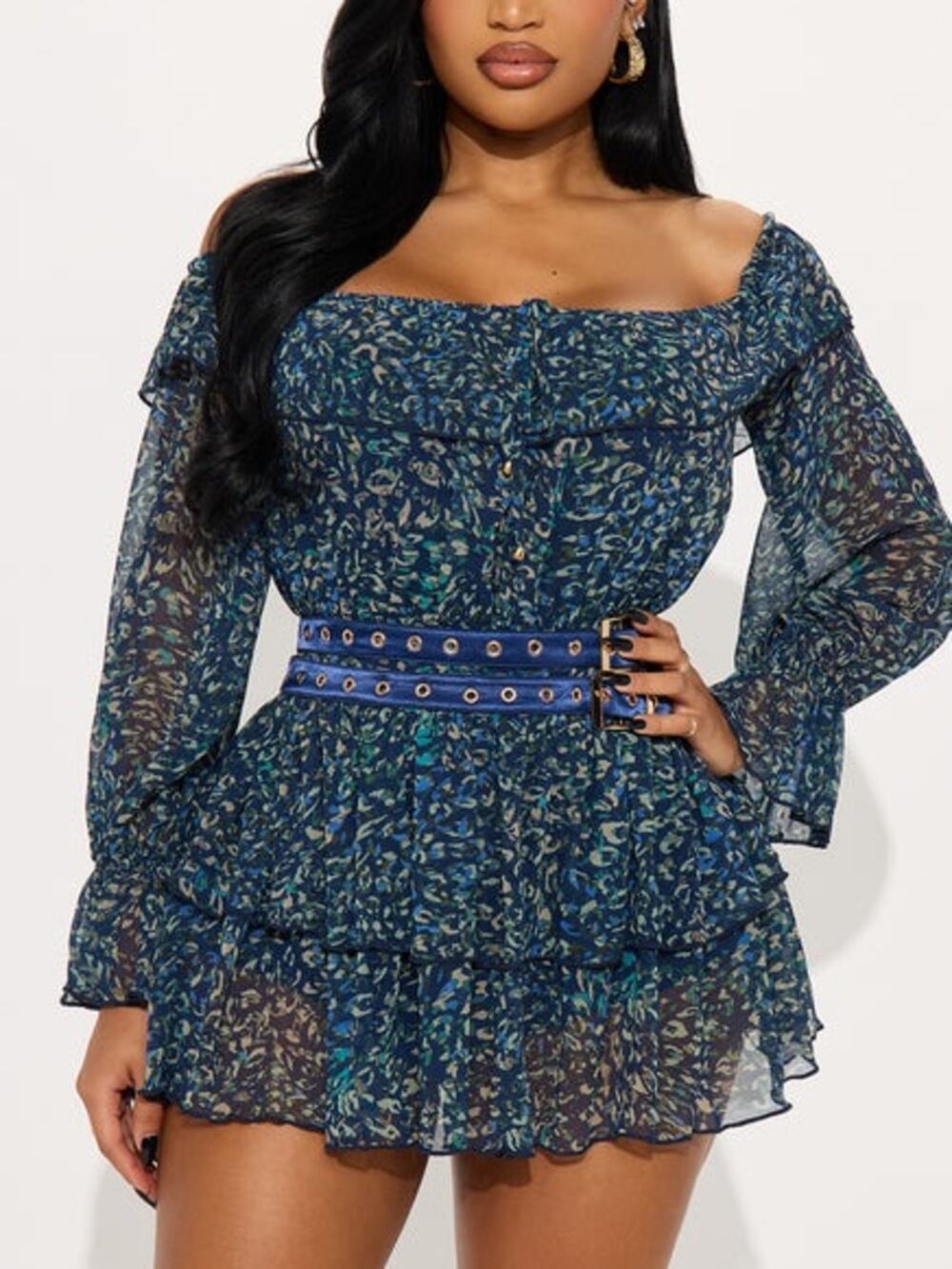 Fashion Nova Blue Floral Off Shoulder Mini Dress Small Ruffle Chiffon New
